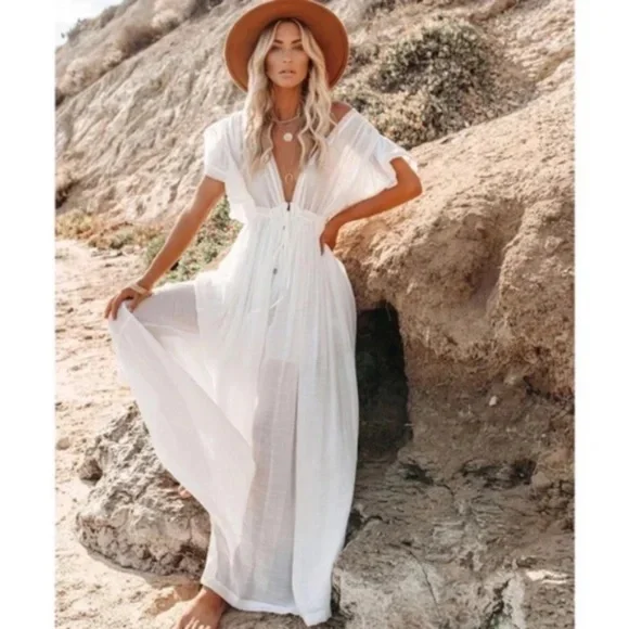 SOLD OUT White Boho Gauze Semi Sheer Button Maxi Casual Vacation Dress - Picture 3 of 7